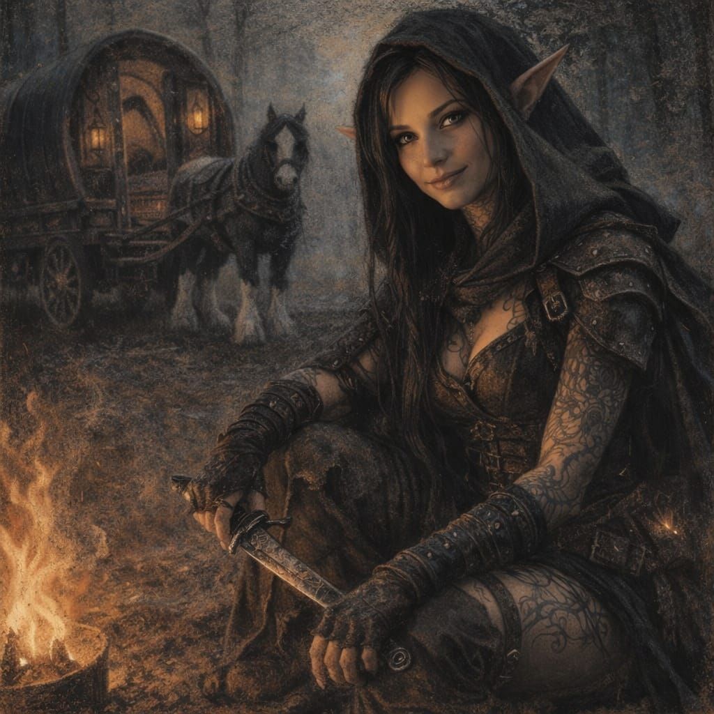 Elven Rogue by Campfire with Gypsy Wagon