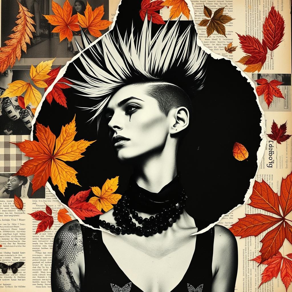 Dada-Inspired Collage of Androgynous Figure with Autumnal El...
