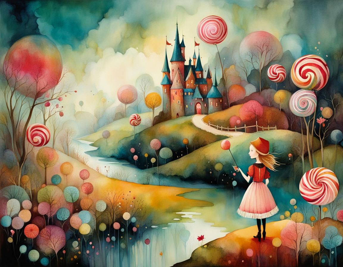 Magical Candy Land Illustration in Alcohol Ink Style