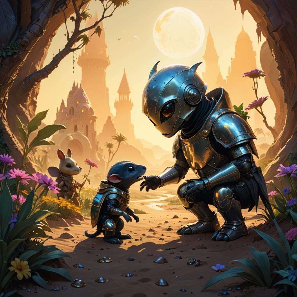 Alien Knight and Mole Meeting in Surreal Landscape