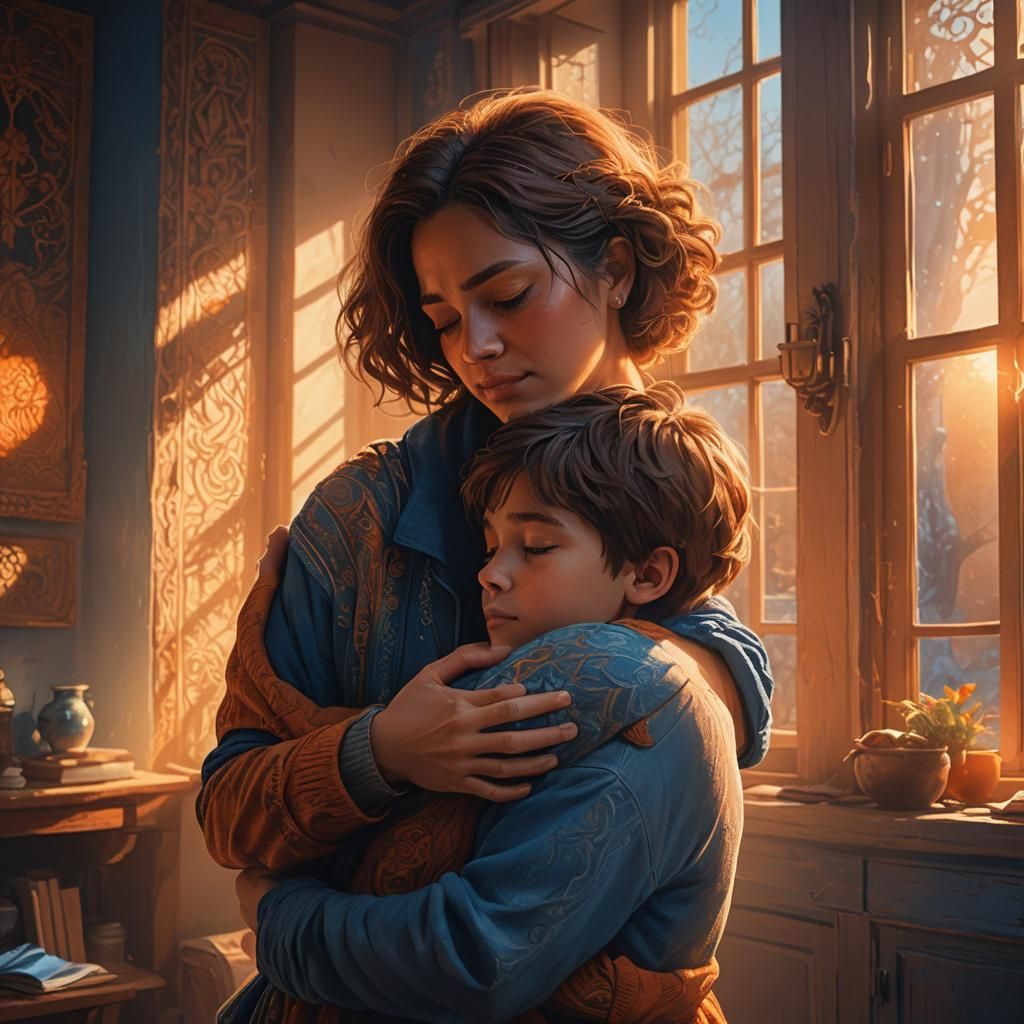 Heartfelt Reunion: Mother and Child Embrace in Cozy Room