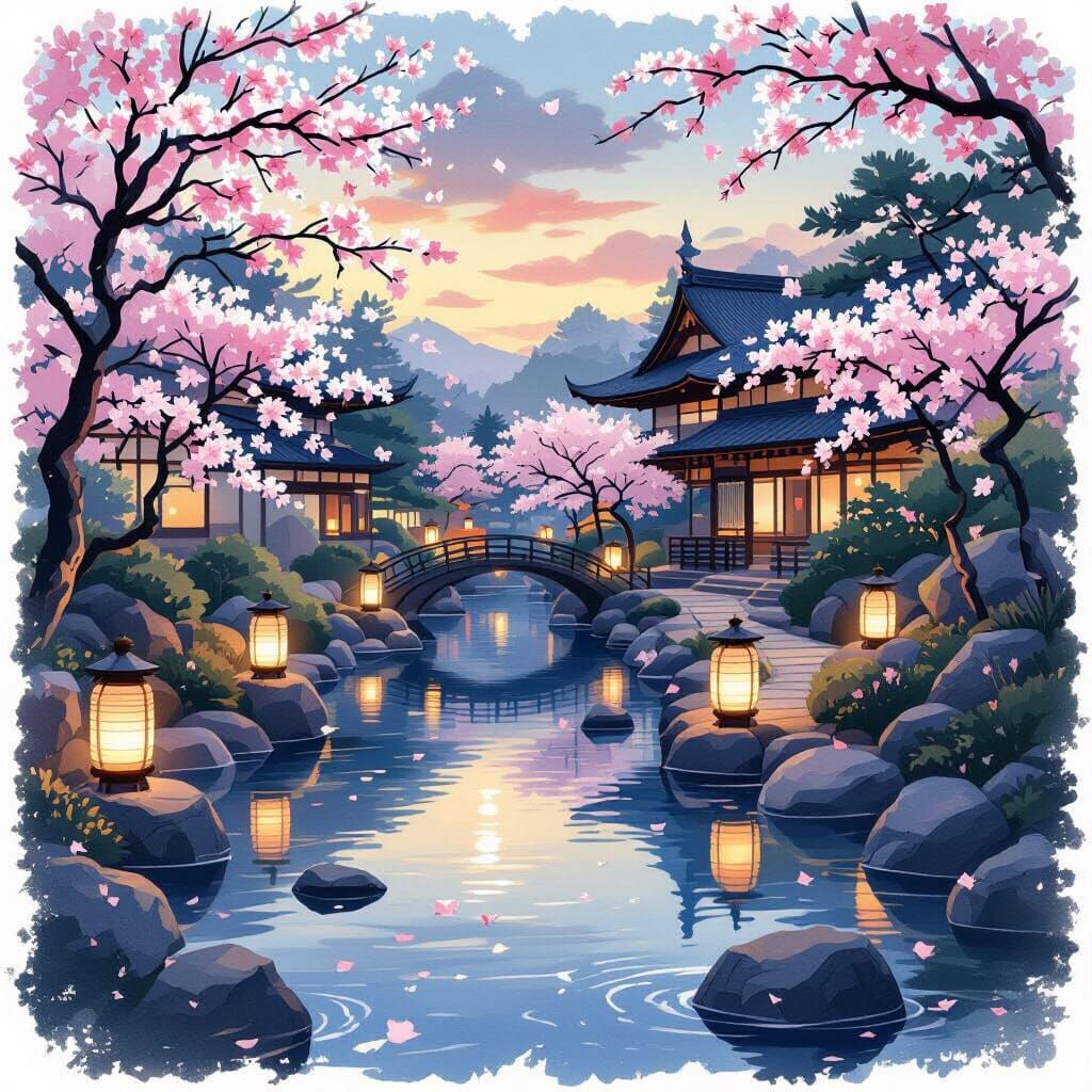 Serene Japanese Garden at Dusk in Ukiyo-e Style