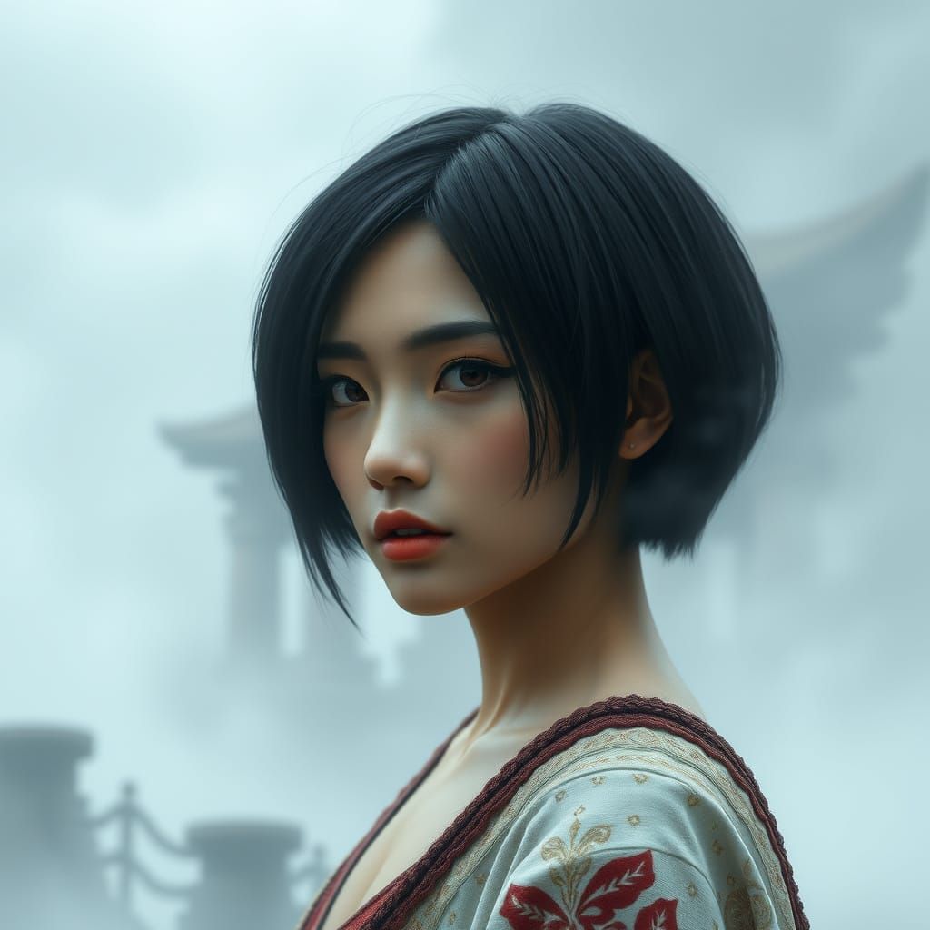 Forgotten Asian Goddess in Misty Temple Ruins