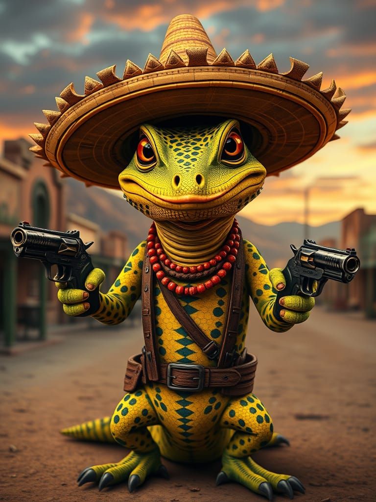 Cunning Lizard Bandit with Sombrero and Pistols