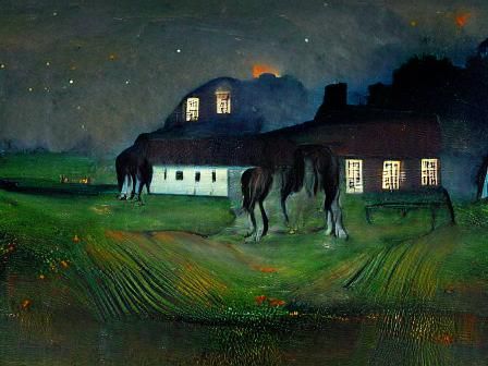 Farmhouse with Horses Under the Night Sky