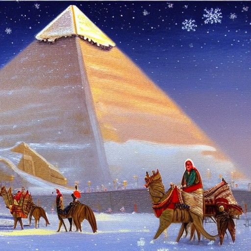 Egyptian Pyramids Christmas Winter Wonderland, Oil Painting