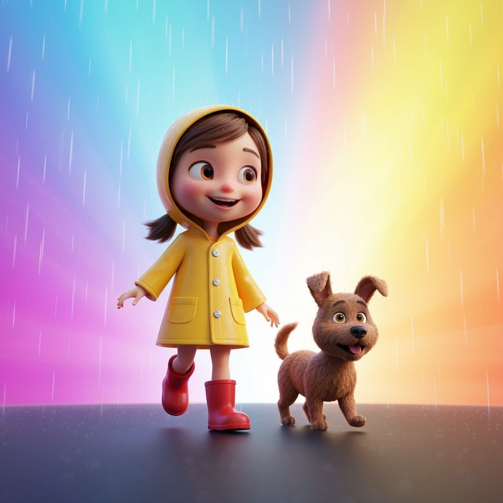 3D Girl and Dog Walk in Gentle Rain
