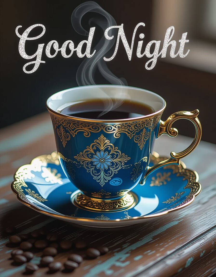 Ornate Blue Coffee Cup with Gold Filigree in Dreamy Realism