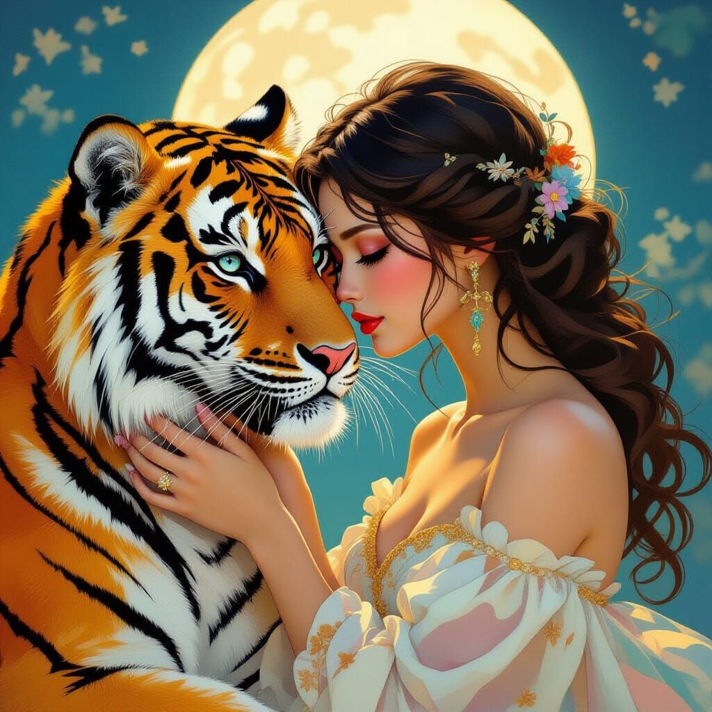 Girl with Tiger: Art Nouveau and Modern Fusion