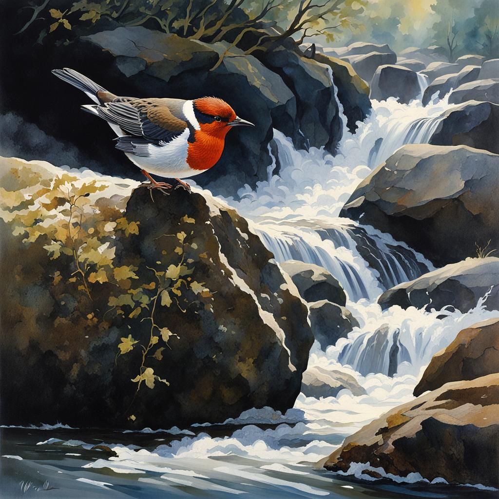 Dipper in Raging Torrent: Watercolor Painting