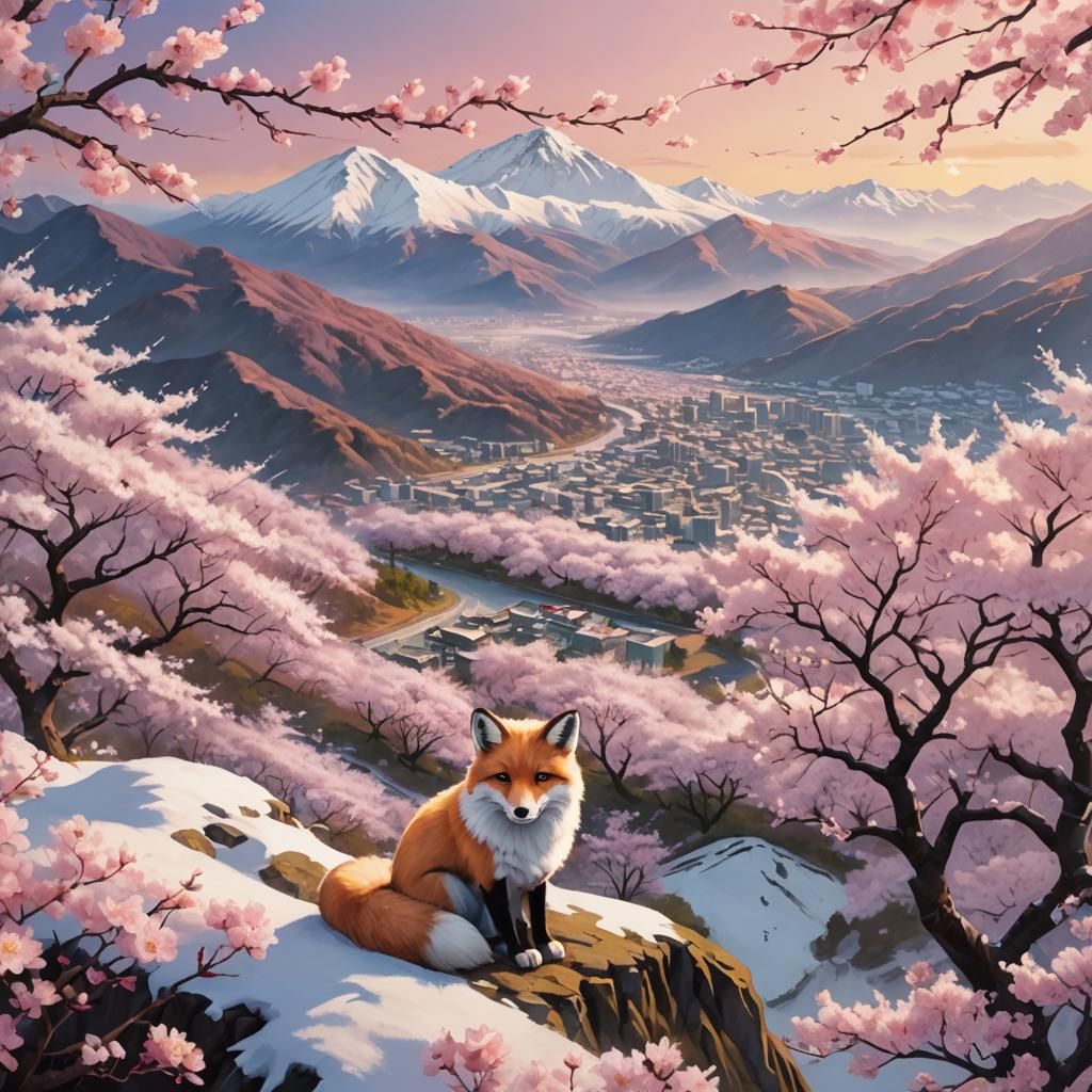 Snow Fox Among Sakura Trees in Oil Painting Style