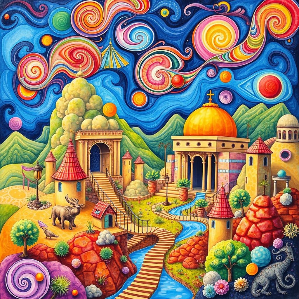 Vibrant Mesopotamia Candyland in Gouache Style