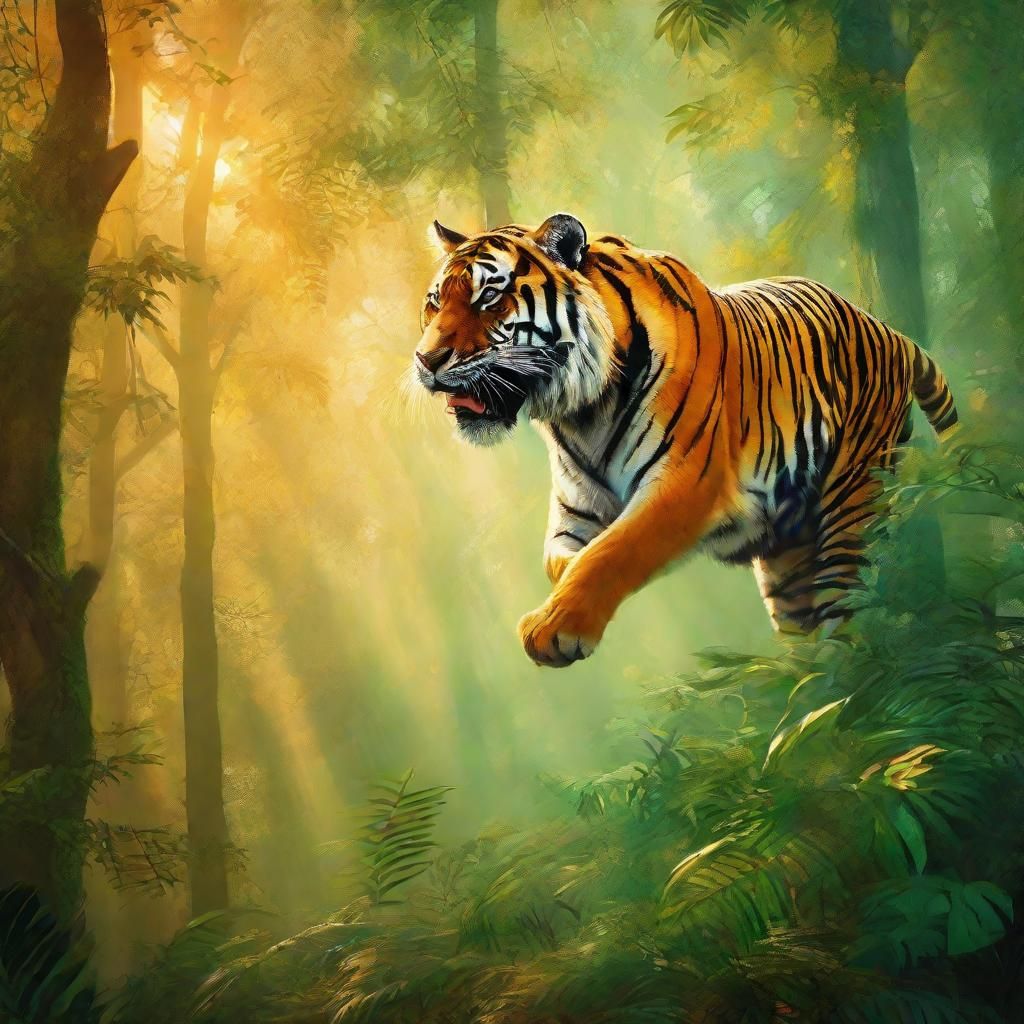Majestic Tiger Leaps: Wildlife Oil Painting