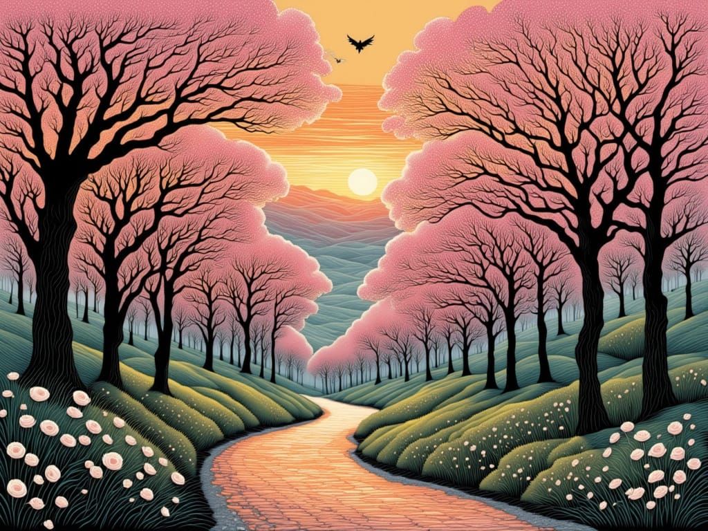 Ethereal Cherry Blossom Avenue in Dusklight, in Whimsical Wa...