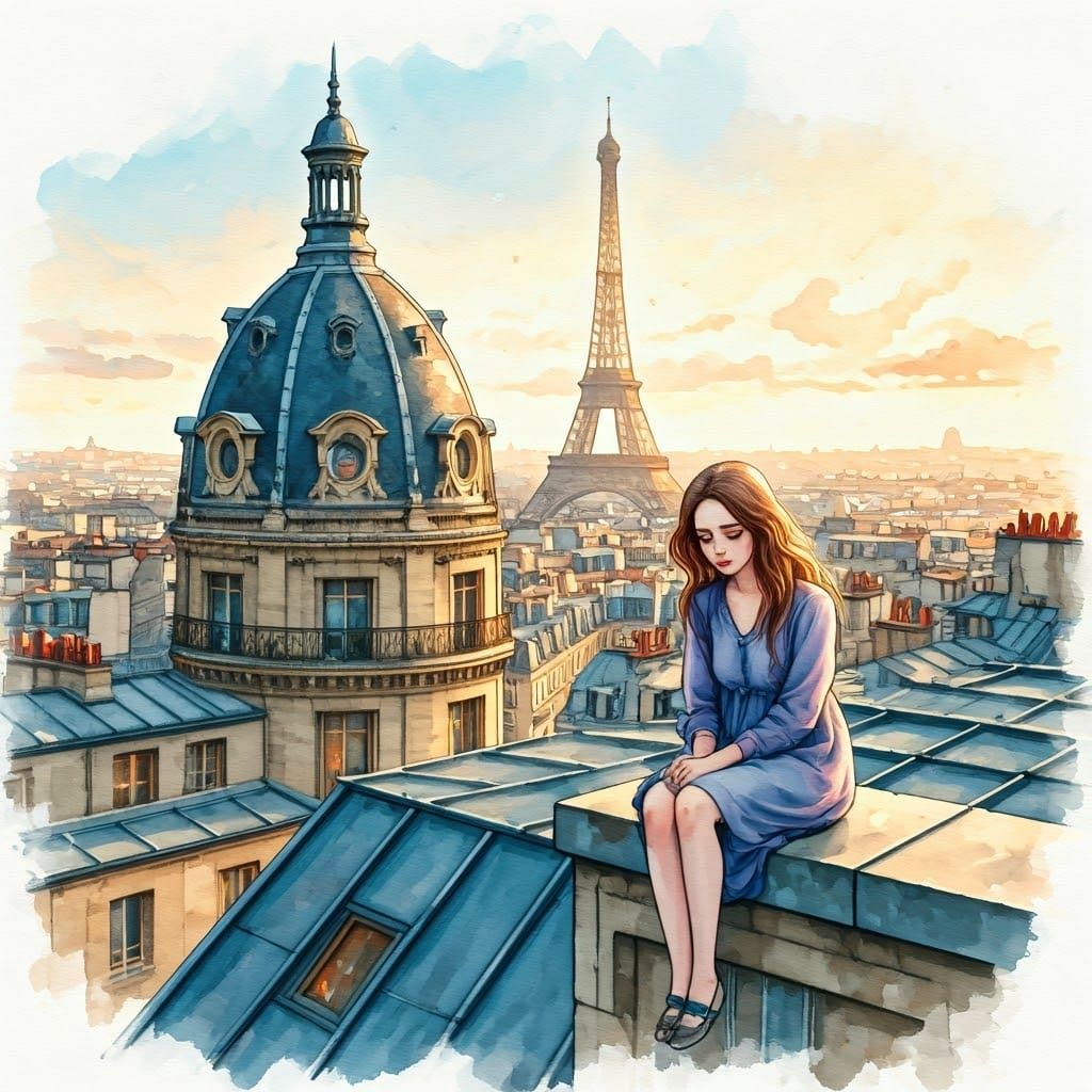 Parisian Sunset: A Watercolor Portrait of Sorrow
