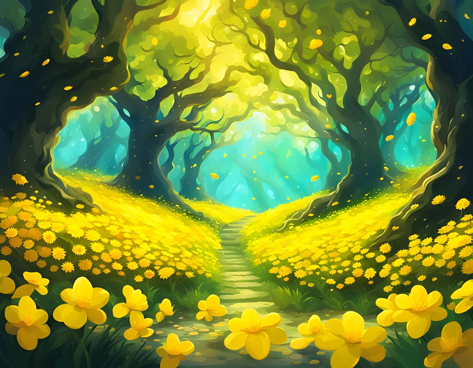 Idyllic Grove in Spiral Lands with Yellow Flowers