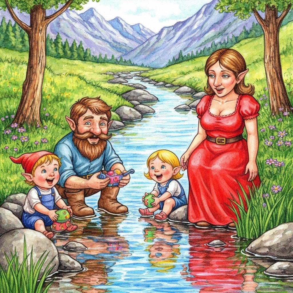 Enchanted Gnome Family by Mountain Stream in Mixed Media