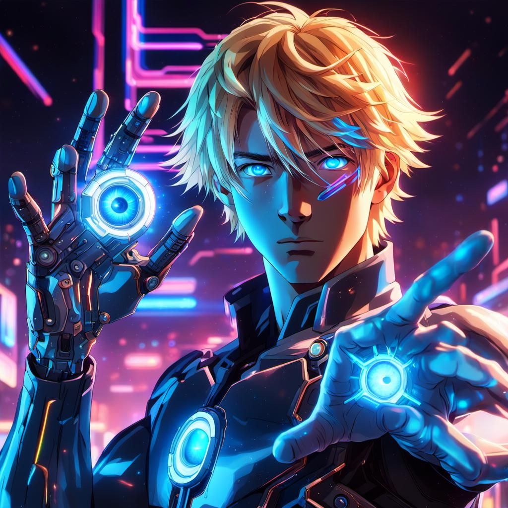 Cyborg Teenager in Anime Style with Neon Accents