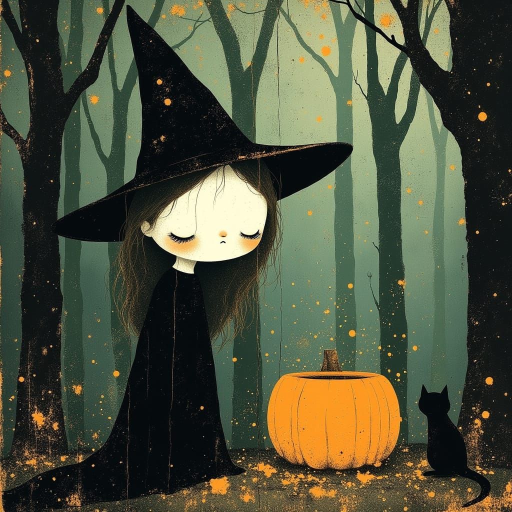 Halloween Pumpkin Witch in Spooky Forest