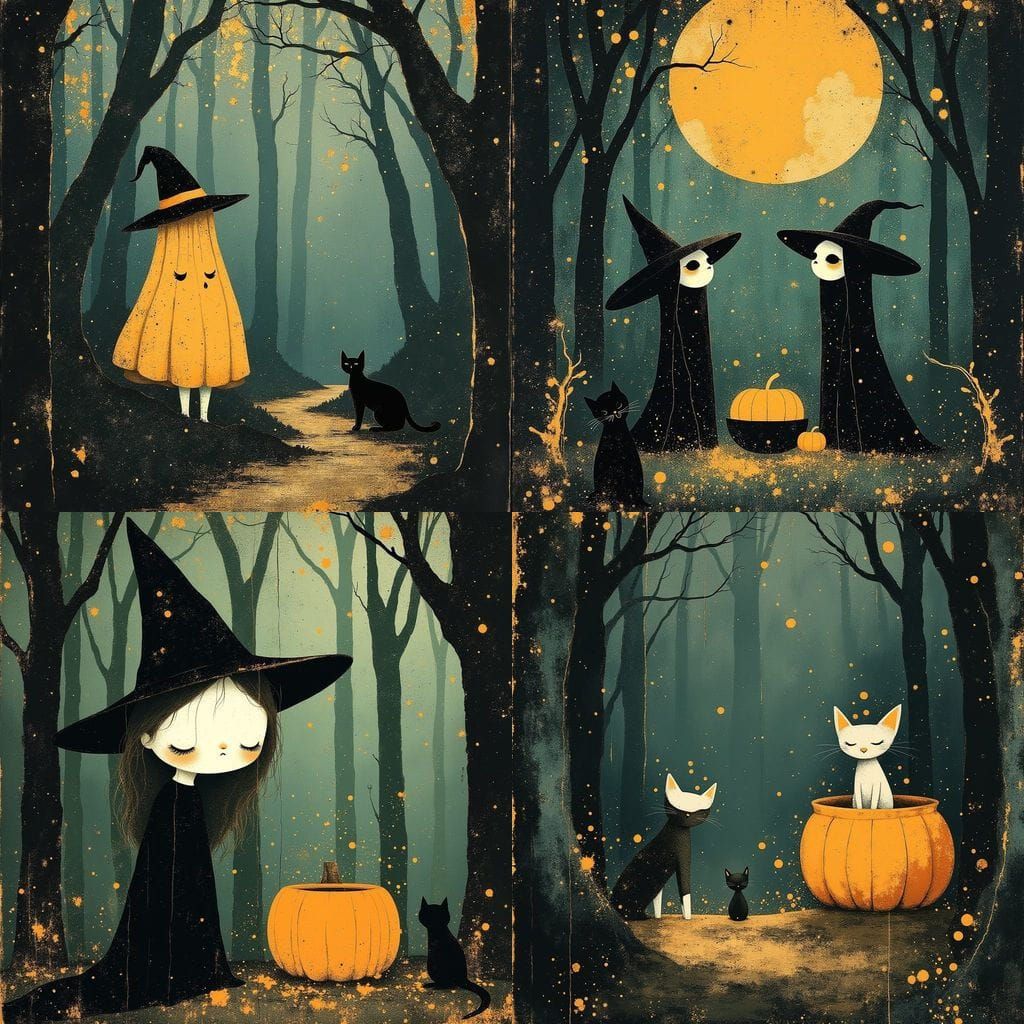 Halloween Pumpkin Witch in Spooky Forest with Black Cat
