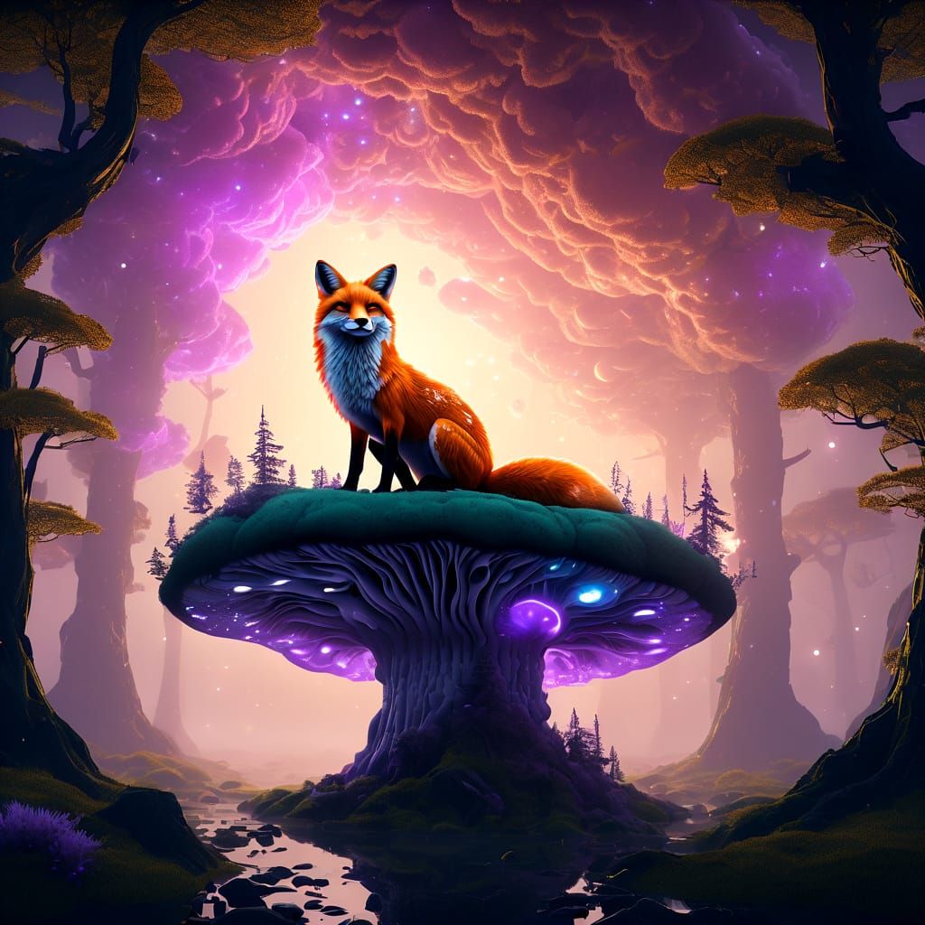 Celestial Fox Asleep in Bioluminescent Forest