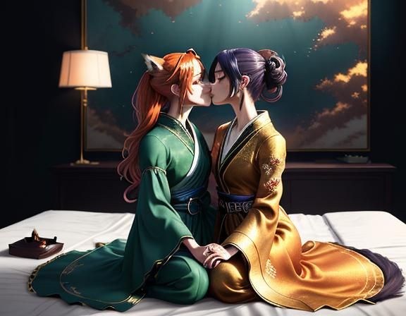 Manga Fox Twins Kissing: Digital Matte Painting