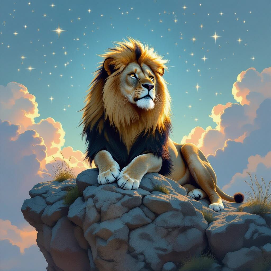 Lion with Starlight Mane Art Nouveau Digital Painting