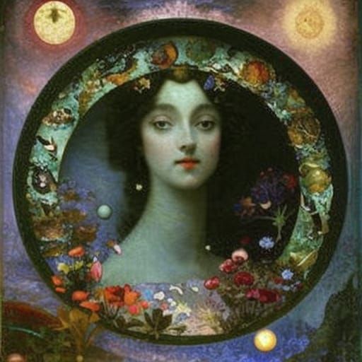 Ethereal Moon Garden with Fireflies: Art Nouveau Klimt