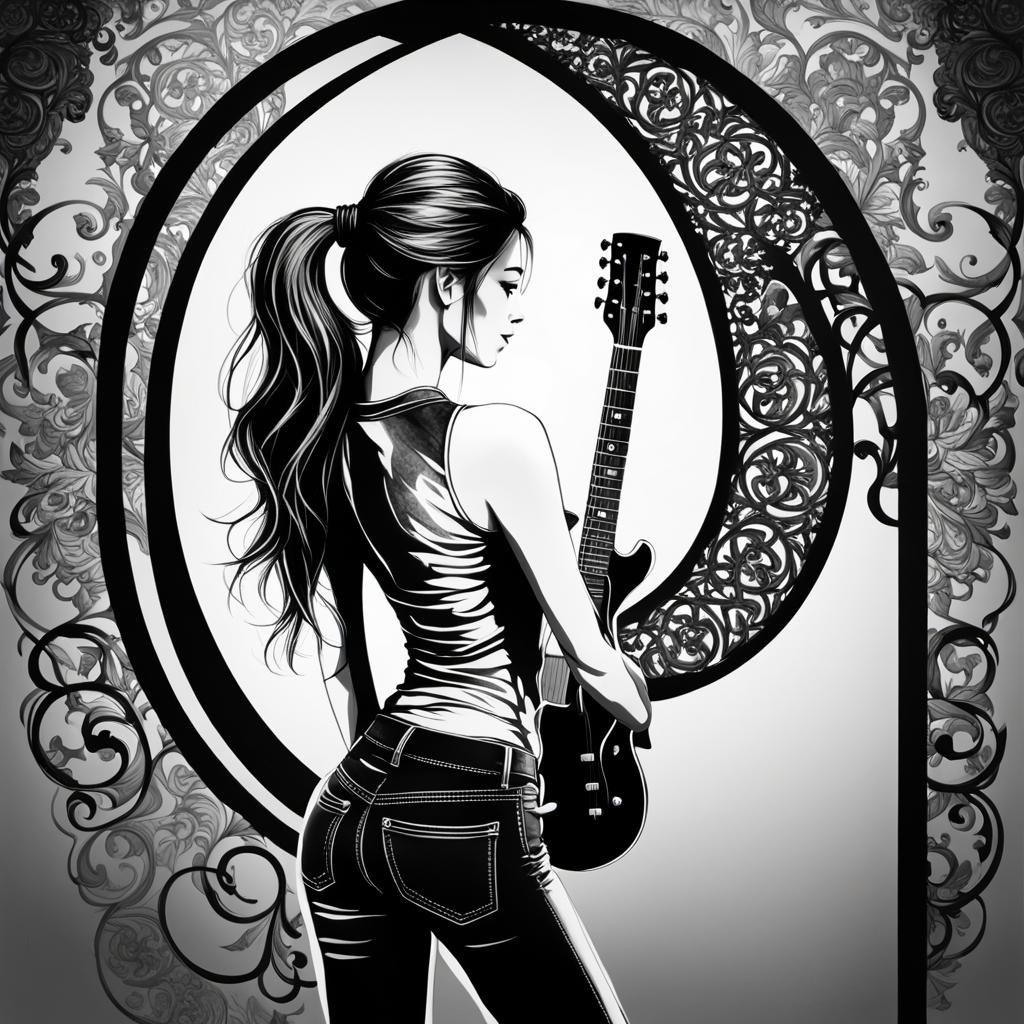 Monochrome Silhouette Portrait with Guitar and Cat