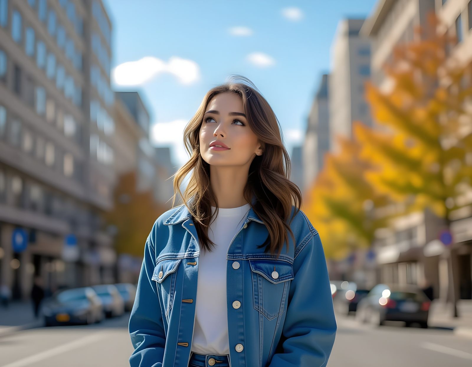 Young Woman Gazes at Autumn Sky in City Morning