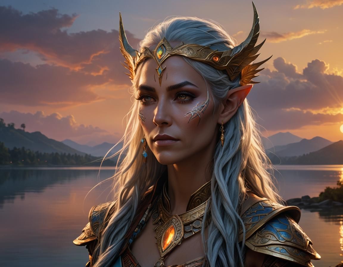 High Elf Shaman Portrait with Sunset Lake, Fantasy Art