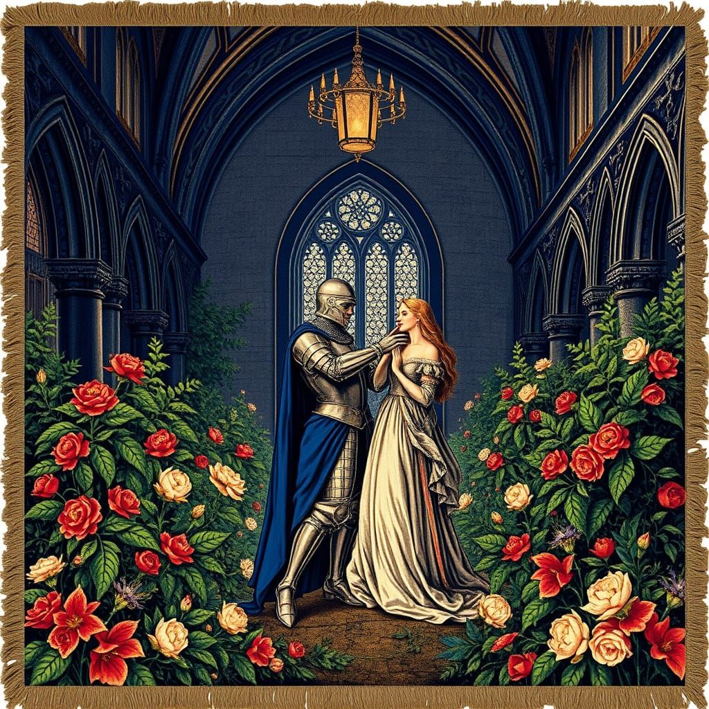 Regal Knight Woos Maiden in Elaborate Medieval Tapestry
