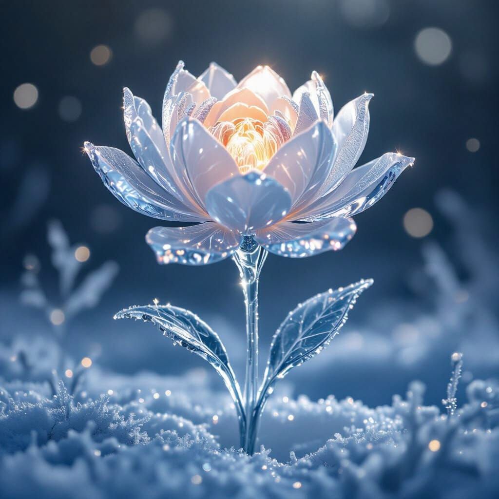 Crystal Ice Flower Blooming in Winter Light
