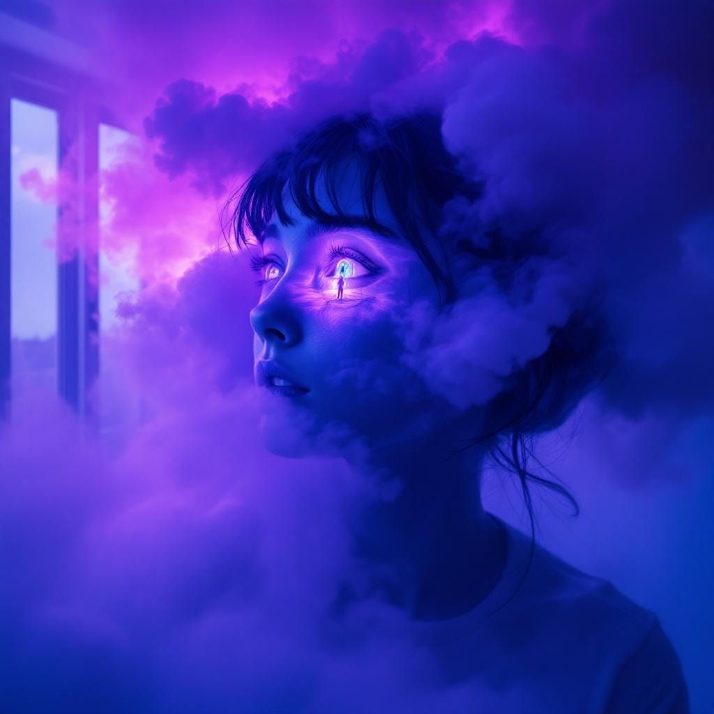 Surreal Girl Portrait in Neon Fog: Dreamy and Cinematic