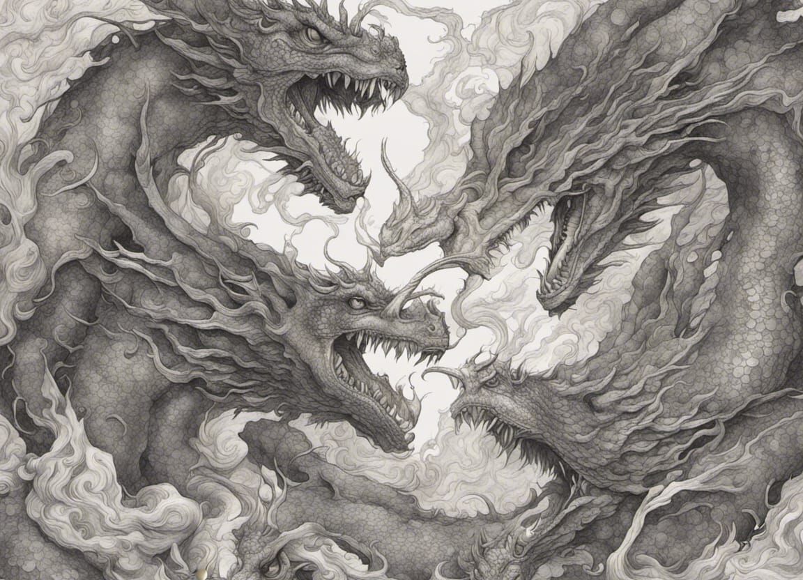 Hyperdetailed Ink Drawing of Fire-Breathing Dragons