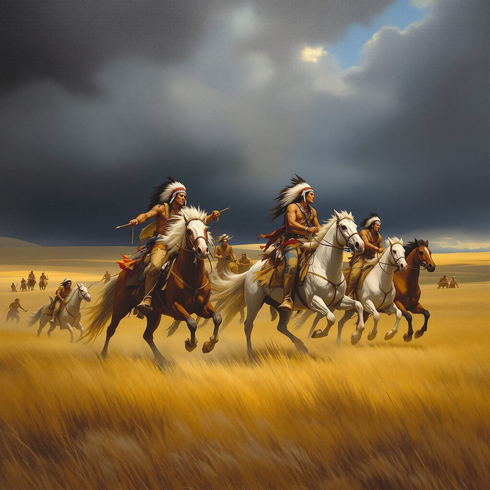 Native American Warriors on Horseback Chase Oil Painting