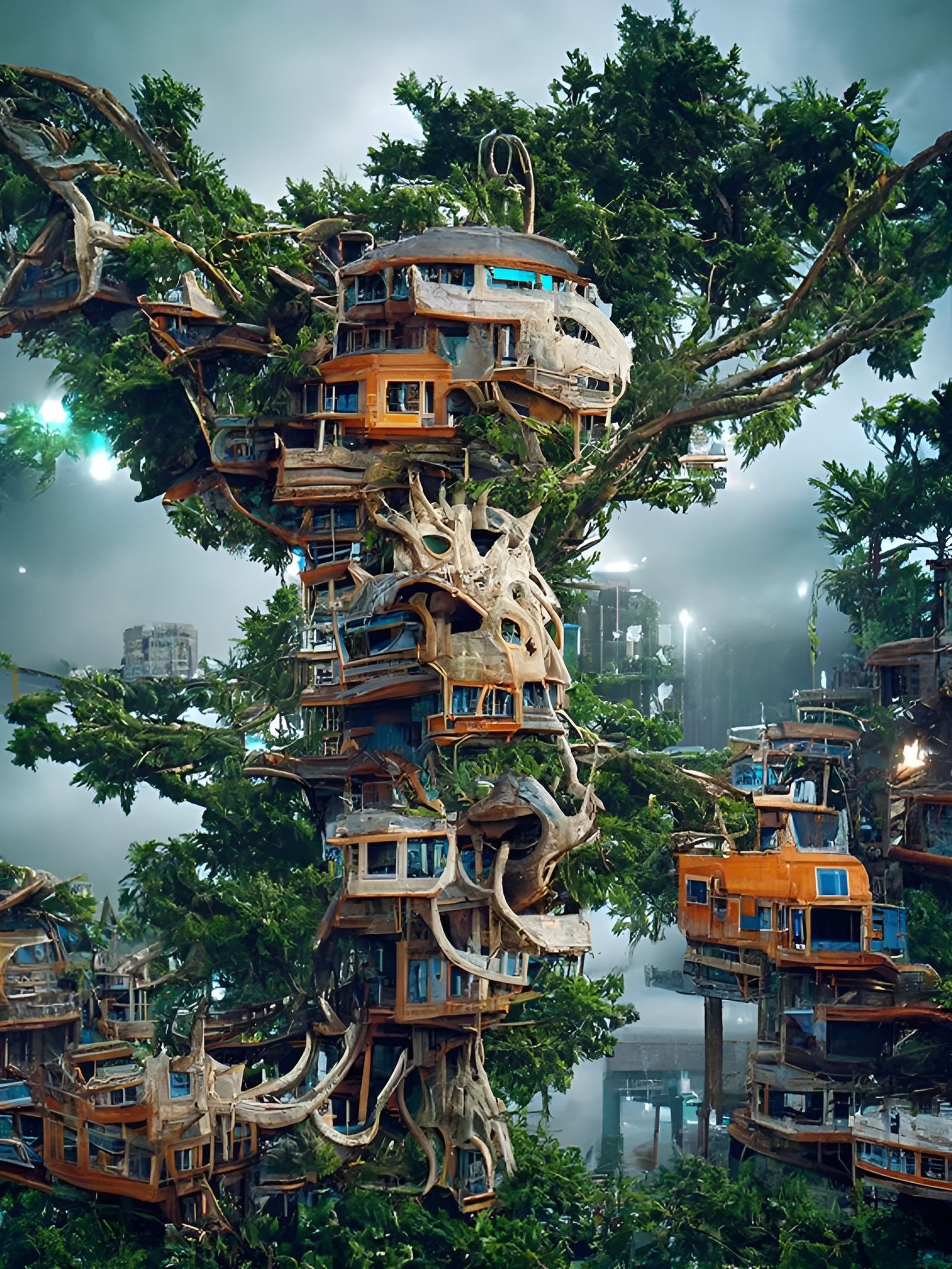 Surreal Treehouse Cityscape in Marine Style