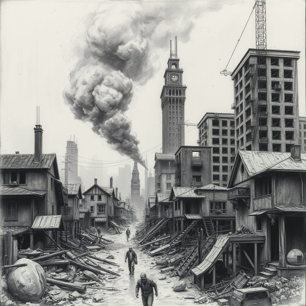 Post-Atomic City Ruins in Charcoal Drawing Style