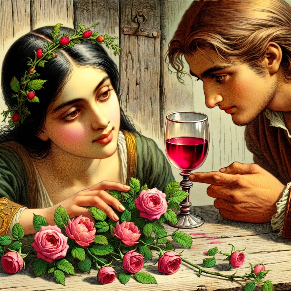 Romantic Encounter with Rosy Wreath and Wine
