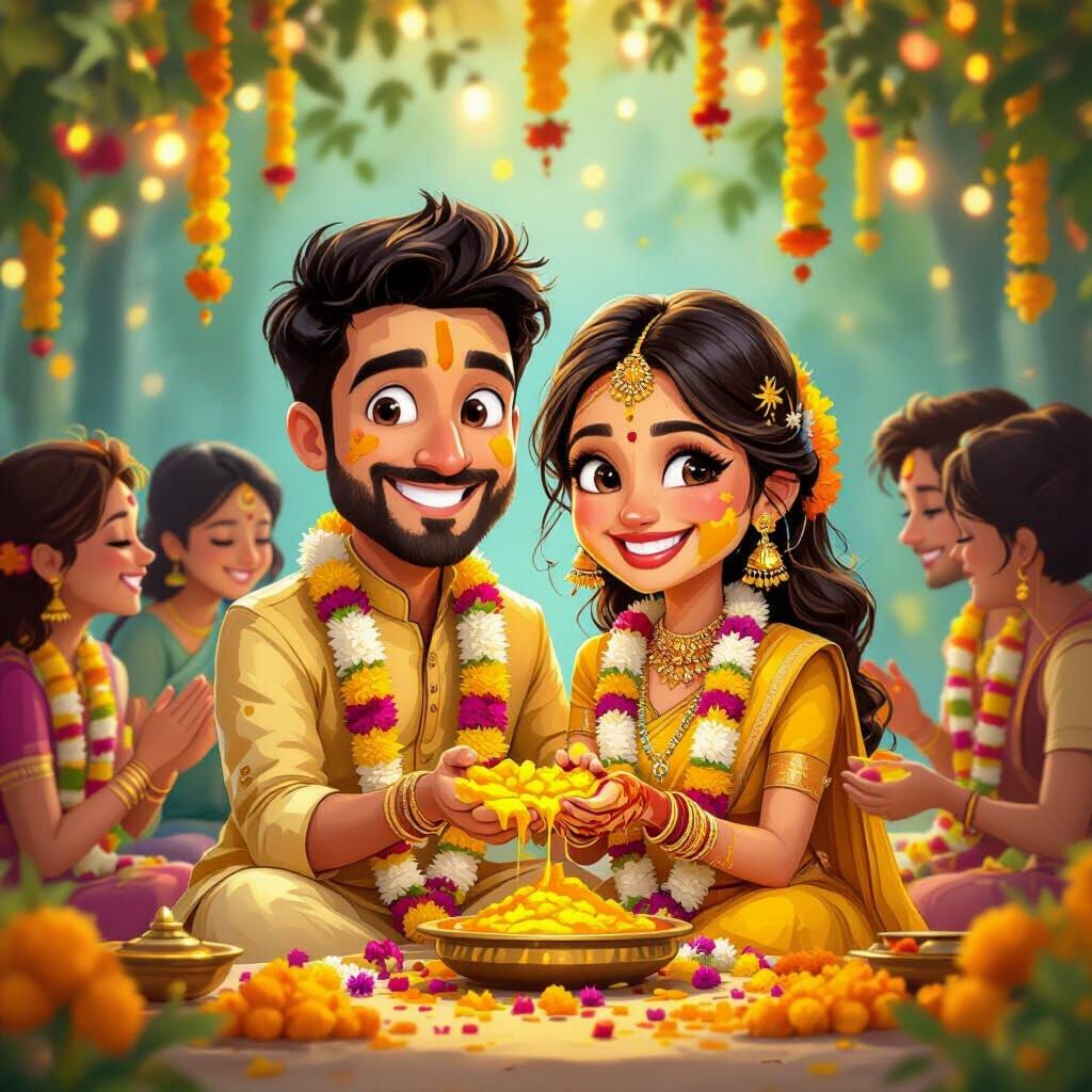 Joyful Indian Couple's Haldi Ceremony in Whimsical Digital A...