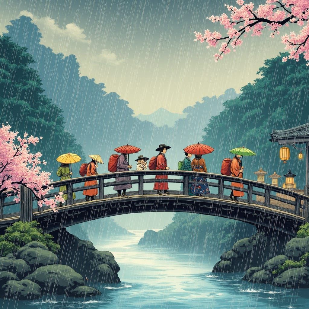 Edo-Period Tokyo Bridge Scene in Vibrant Ukiyo-e Style