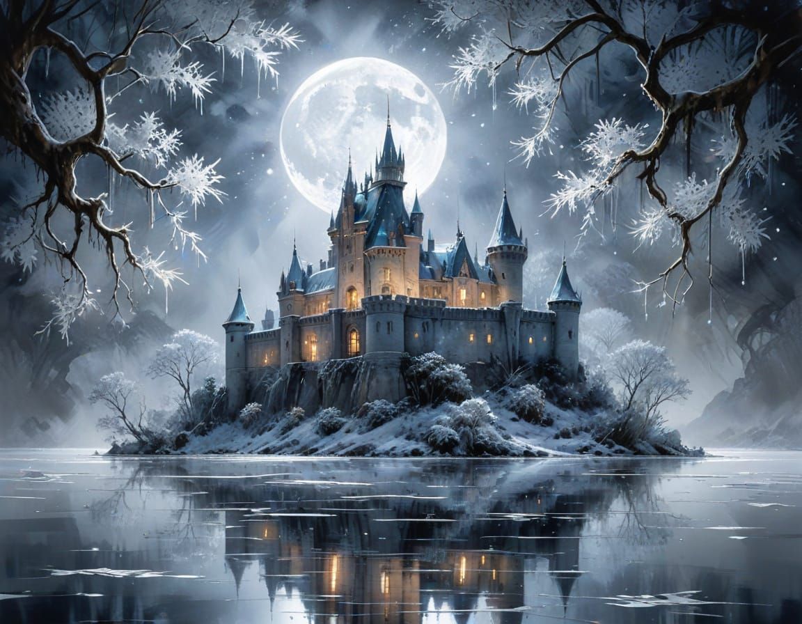 Moonlit Castle on Lake in Winter, Watercolour Art