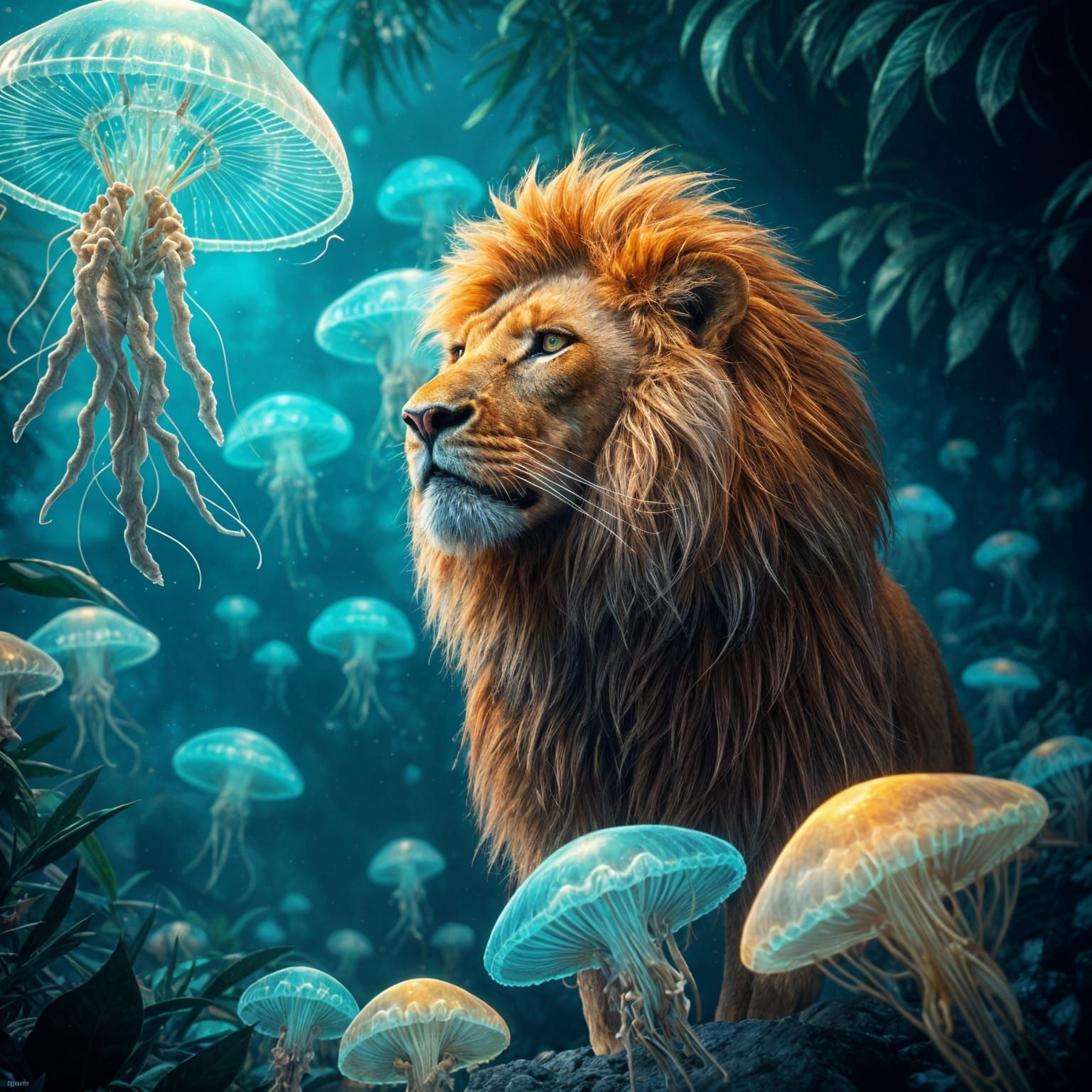 Glowing Jellyfish and Wading Lion: Fantasy Concept Art