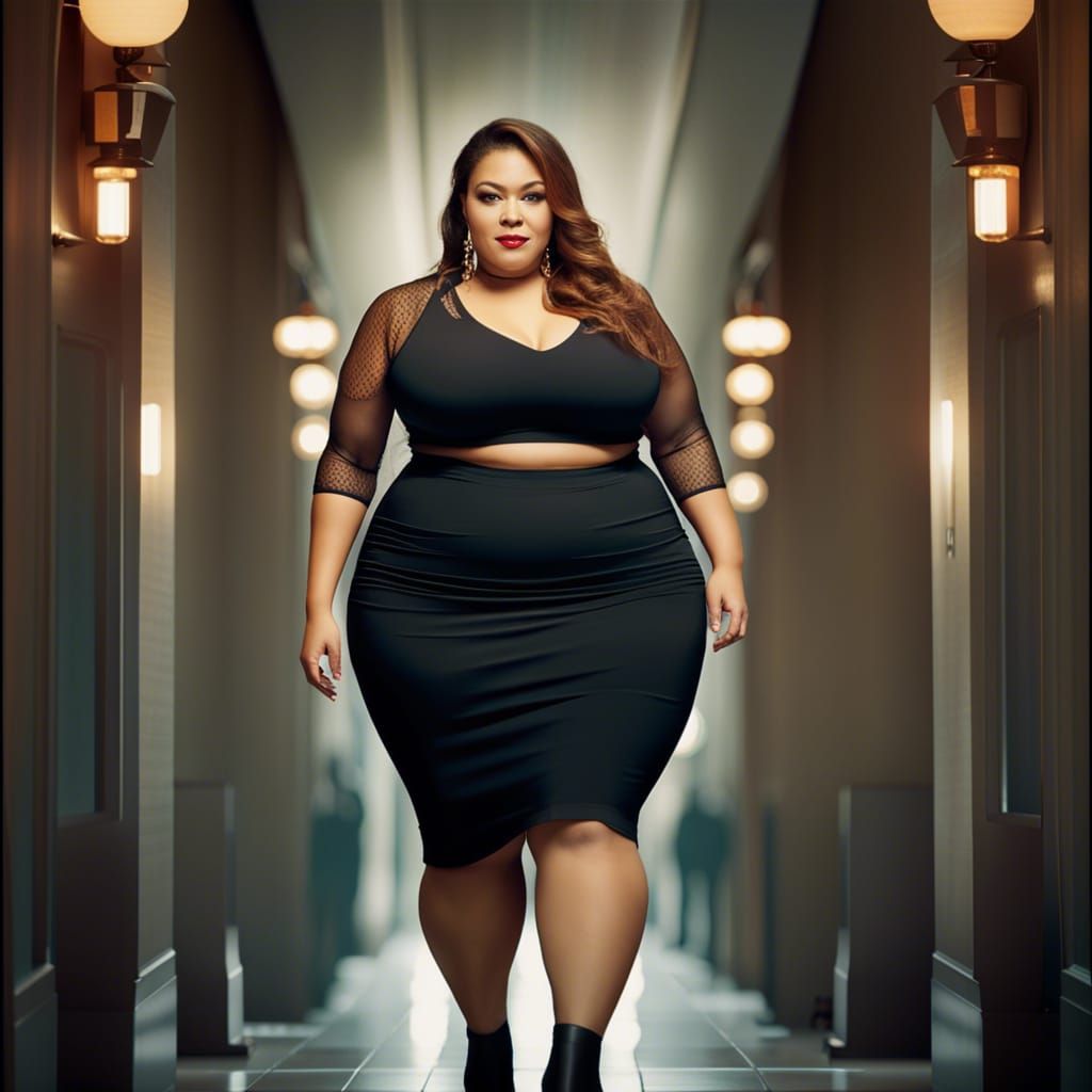 Curvy Woman in Endless Hallway: Digital Art