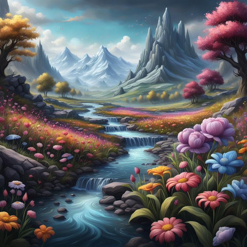 Fantastical Chalk Drawing of Mountain Stream