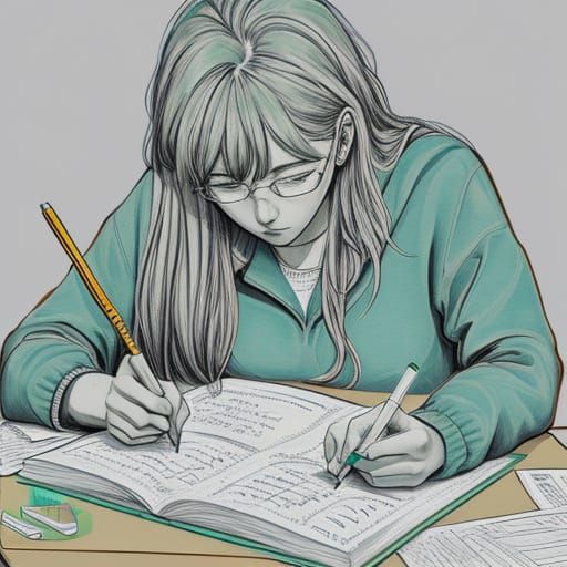 Student Studying Late into Night in Fauvist Line Art