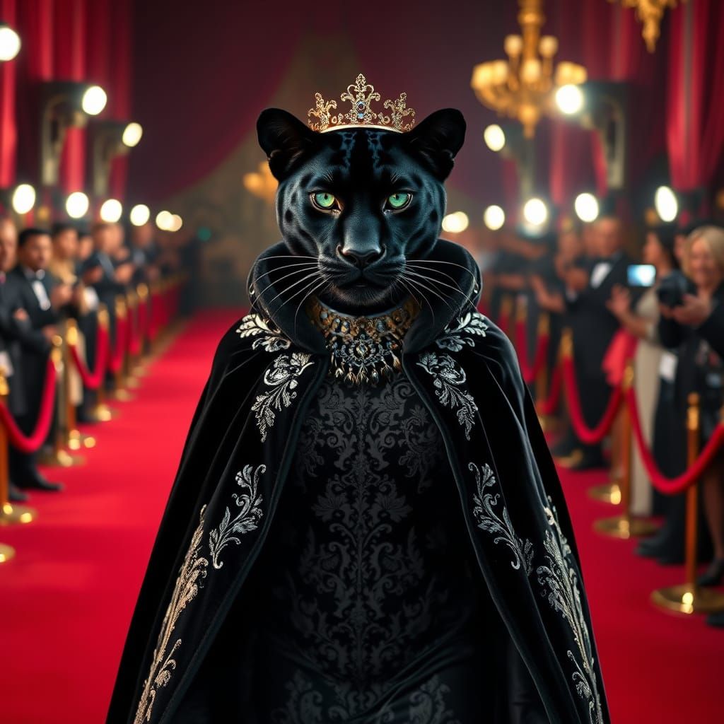 Regal Black Panther Queen in Velvet Cloak Struts Red Carpet