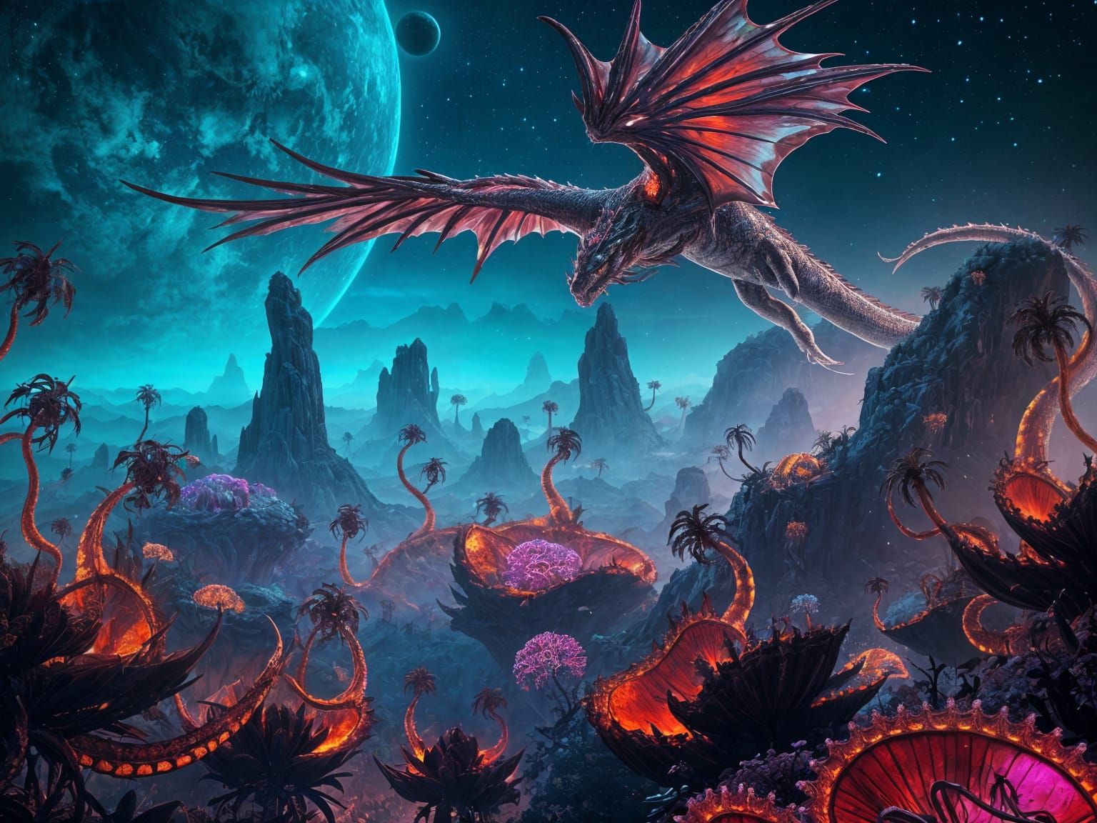 Bioluminescent Dragon Soaring Over Alien World