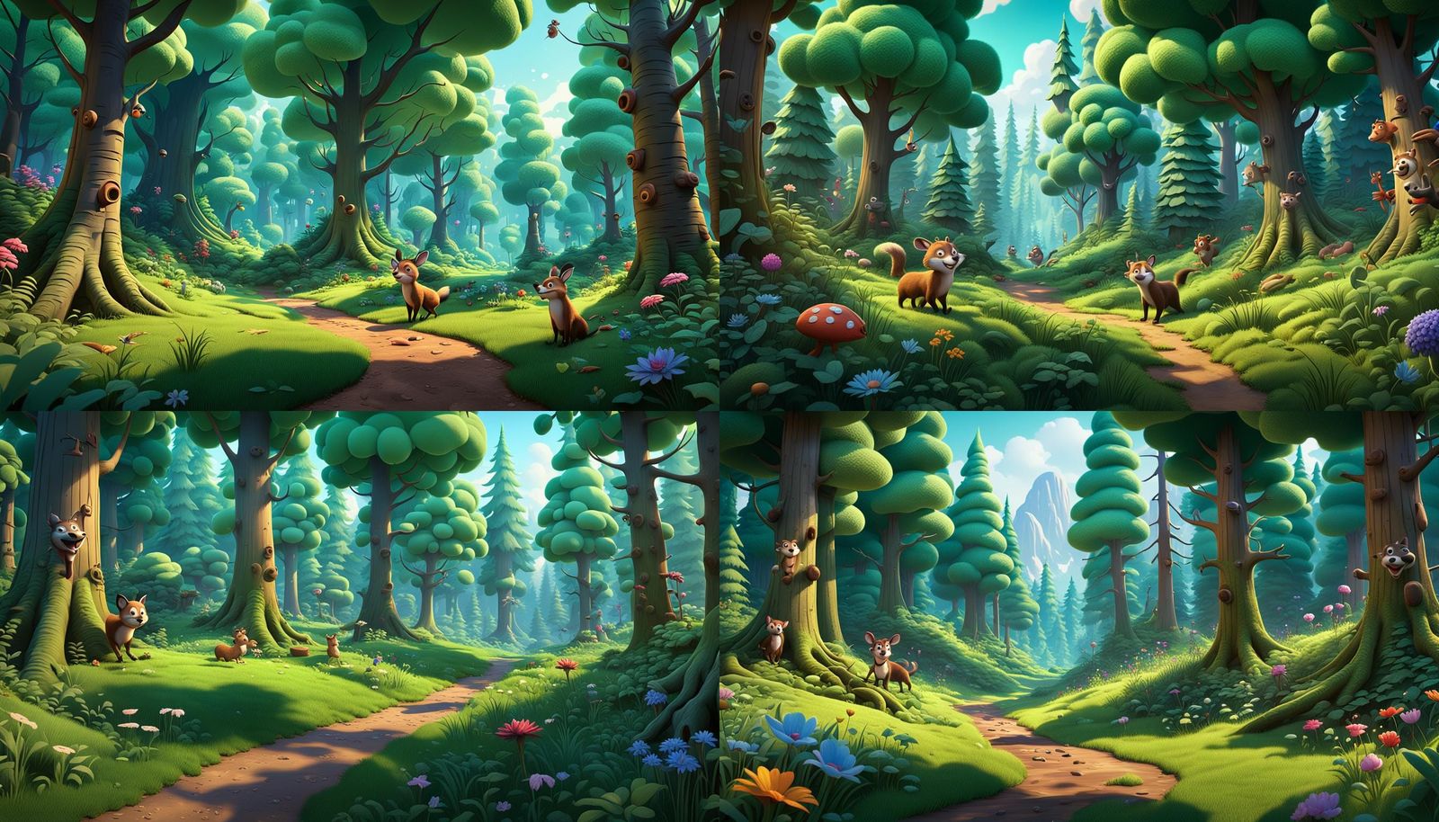 Whimsical Forest Wonderland in Vibrant 3D Cartoon Style