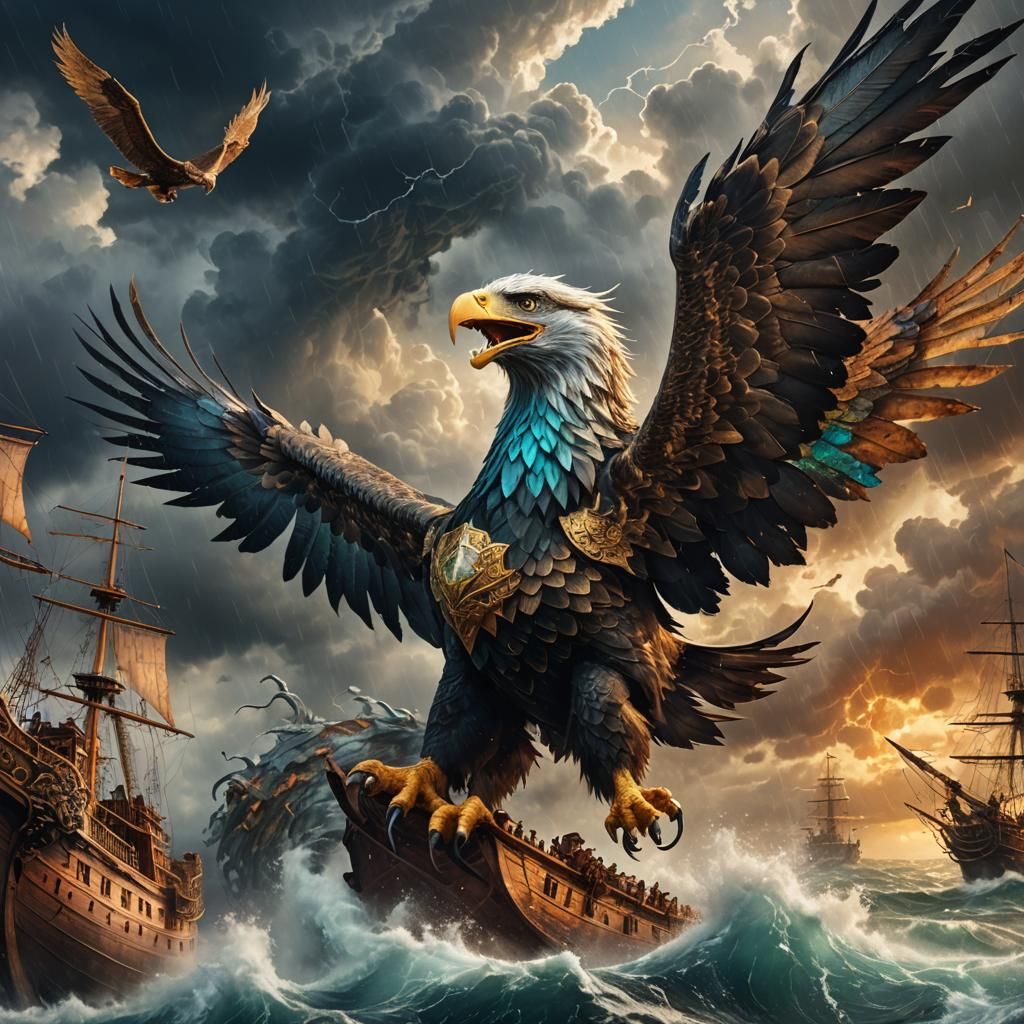 Majestic Eagle-Dragon Soaring Through Stormy Skies